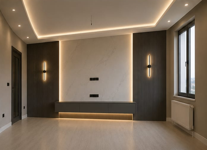 Antrasit kapı ve pencere doğramalarıyla uyumlu, sıcak LED aydınlatmalı modern TV ünitesi ve tavan uygulaması